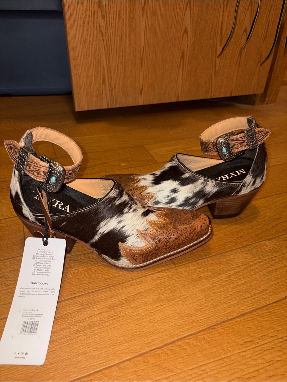 Myra Bag Brown and White Cowhide Ankle Strap Heeled Boots